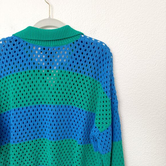 [Beach Riot] Green Blue Rugby Striped Wynn Open Knit Long Sleeve Sweater Large - Picture 9 of 11